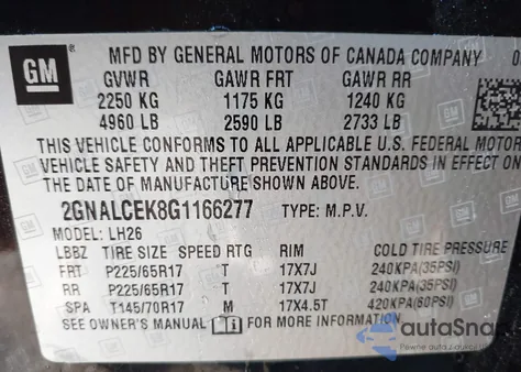 2016 Chevrolet Equinox Lt из США, поврежденный, VIN 2GNALCEK8G1166277